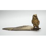 A bronze ‘owl and a feather’ inkwell with Bergman mark, 34cm long