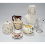 A Robinson and Leadbetter parian bust, two items of Belleek, an Aller Vale puzzle jug, a Helena