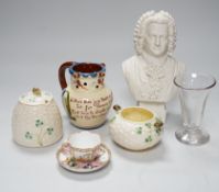 A Robinson and Leadbetter parian bust, two items of Belleek, an Aller Vale puzzle jug, a Helena