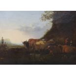After Aelbert Cuyp (1620-1691), oil on canvas, Cattle in a bucolic landscape, 25 x 35cm