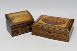 A Tunbridgeware rosewood games box with view of Bodiam Castle, a brush and a stationery box, largest