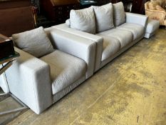 A contemporary Perobell grey fabric sofa, length 235cm, depth 98cm, height 88cm armchair and two