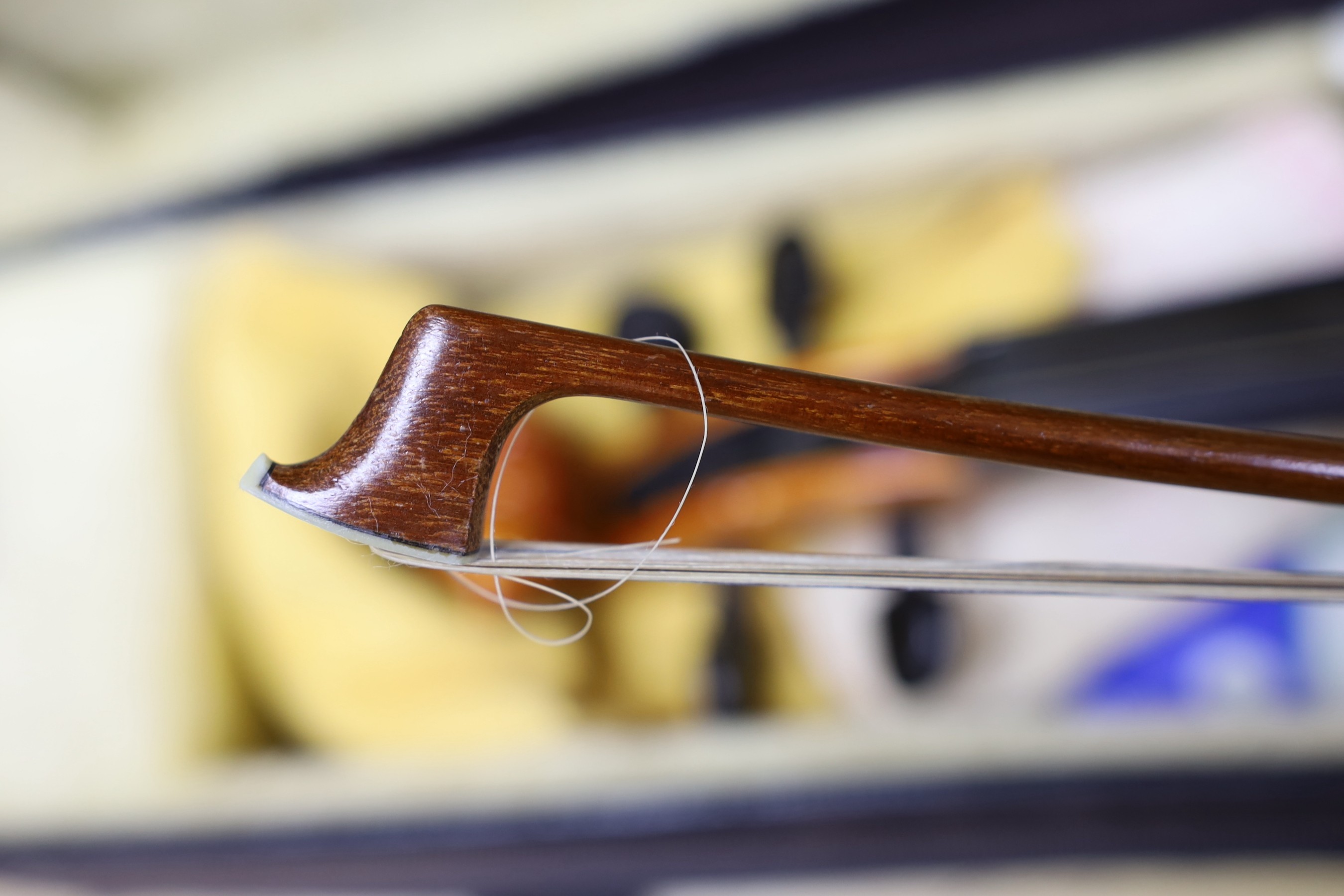 A cased viola crackled glaze, with bow - Image 5 of 5