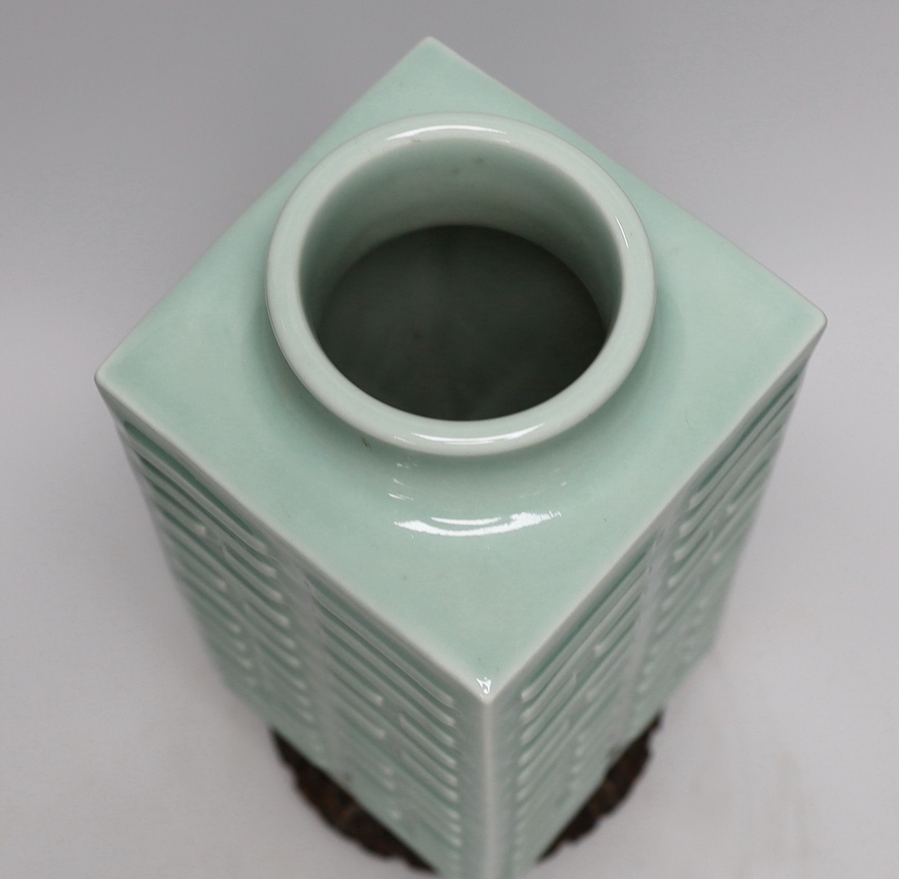 A Chinese celadon glazed eight trigrams cong vase, Guangxu mark, wood stand, 35cms high - Image 3 of 4