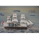 A maple framed 19th century wool work embroidery of a steam ship of the English fleet, 63cms wide,