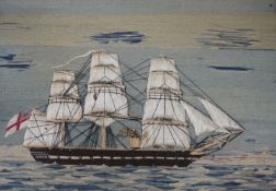A maple framed 19th century wool work embroidery of a steam ship of the English fleet, 63cms wide,