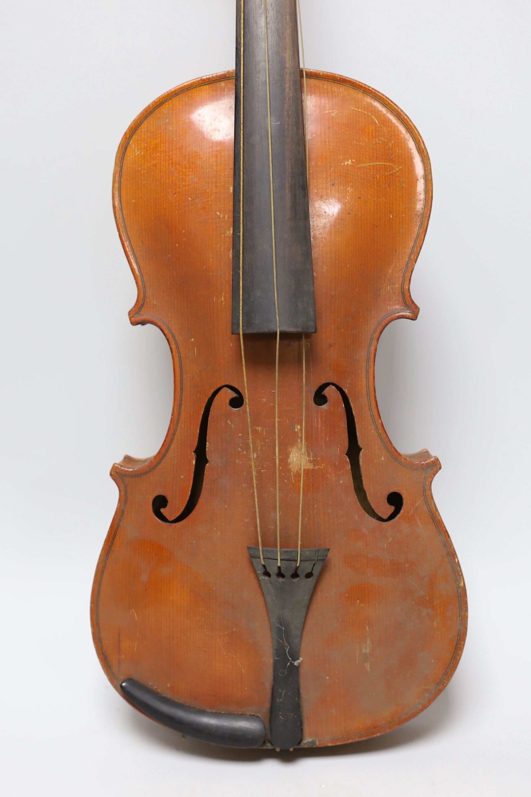 An early 20th century Stainer violin, patent number 23140, back measures 36.5cm excl button. cased. - Image 3 of 7