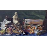 English School c.1900, watercolour, Still life of a percussion pistol and highwayman's loot, 28 x