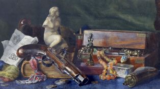 English School c.1900, watercolour, Still life of a percussion pistol and highwayman's loot, 28 x