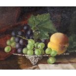 Victorian School, oil on canvas, Still life of fruit upon a silver salver, 24 x 29cm