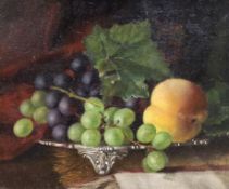 Victorian School, oil on canvas, Still life of fruit upon a silver salver, 24 x 29cm