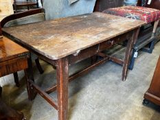 A Victorian pine planked top kitchen table, fitted drawer, width 133cm, depth 71cm, height 78cm