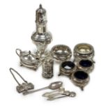 A mixed group of assorted small silver including a sugar caster, two pairs of Victorian bun salts,