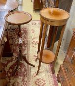An Edwardian circular mahogany two tier plant stand, diameter 32cm, height 98cm, together with a