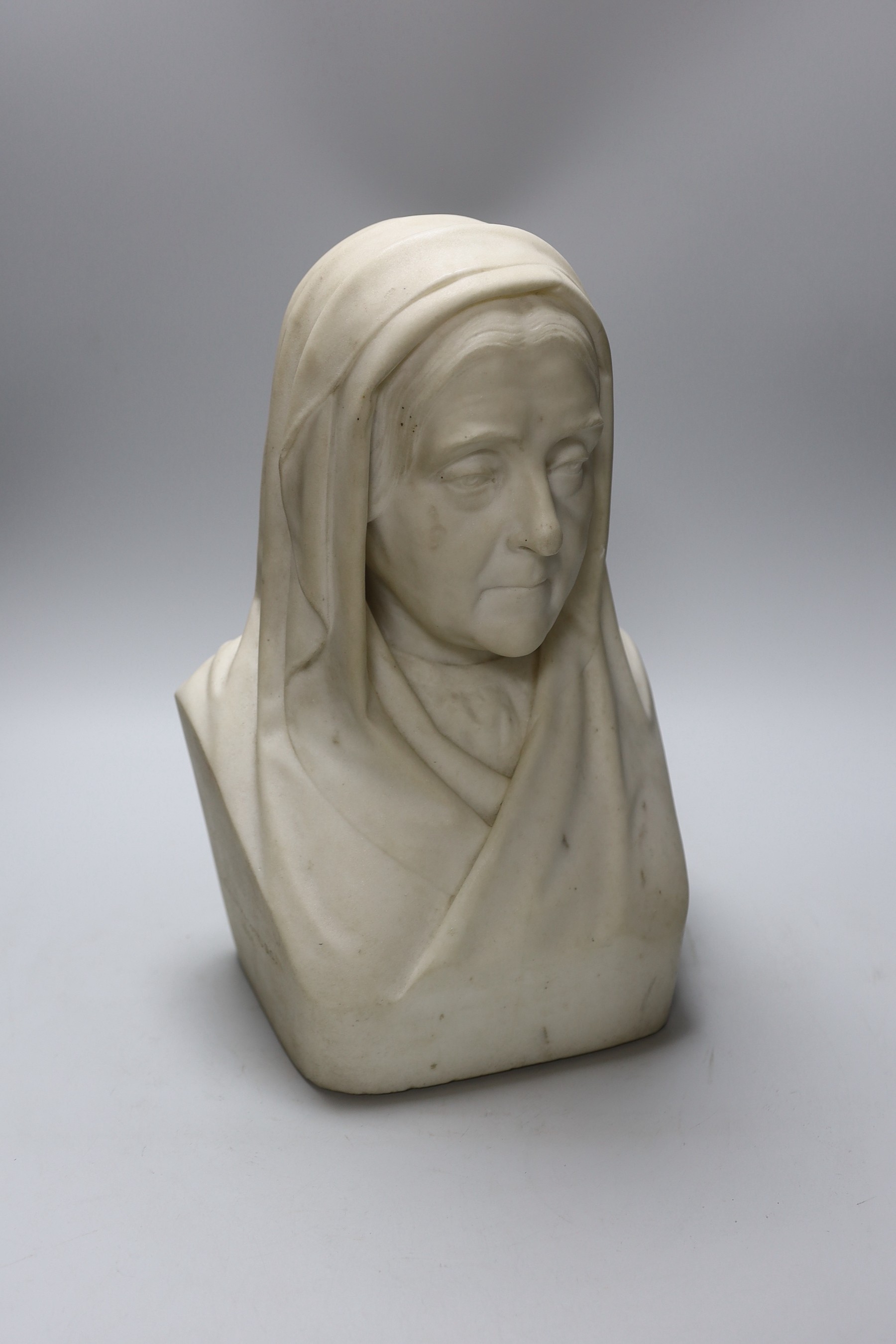 J.S. Westmacott 1866. A Carrara marble bust of a lady, possibly Florence Nightingale, 36.5cms high