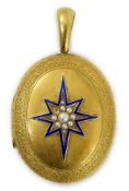 A Victorian engraved yellow metal, blue enamel and seed pearl set oval locket, 45mm, gross weight