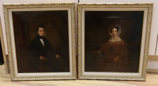 Victorian School, pair of oils on canvas, Portraits of a husband and wife, 40 x 35cm