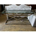 A contemporary rectangular glass top console table on X shaped frame, width 150cm, depth 40cm,