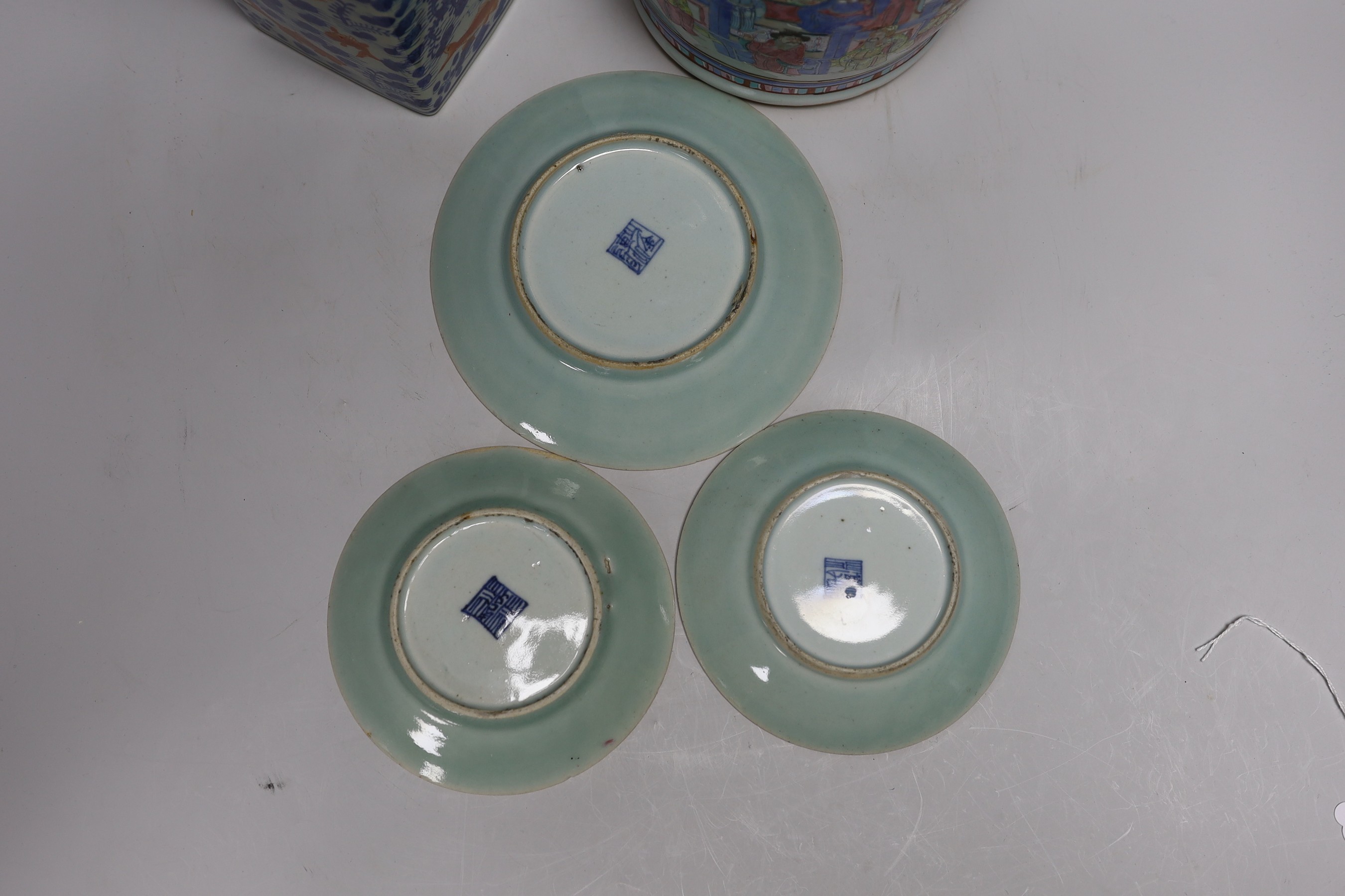 A 19th century Chinese famille rose vase, a squared Chinese vase and three celadon dishes, tallest - Image 4 of 7