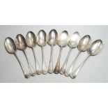 Nine George II silver Hanovarian? pattern tablespoons, eight by Elizabeth Oldfield, London, 1751,