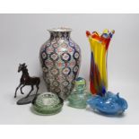 Various art glass bowls, a scent bottle and vase, a Continental ceramic vase and a Franklin mint