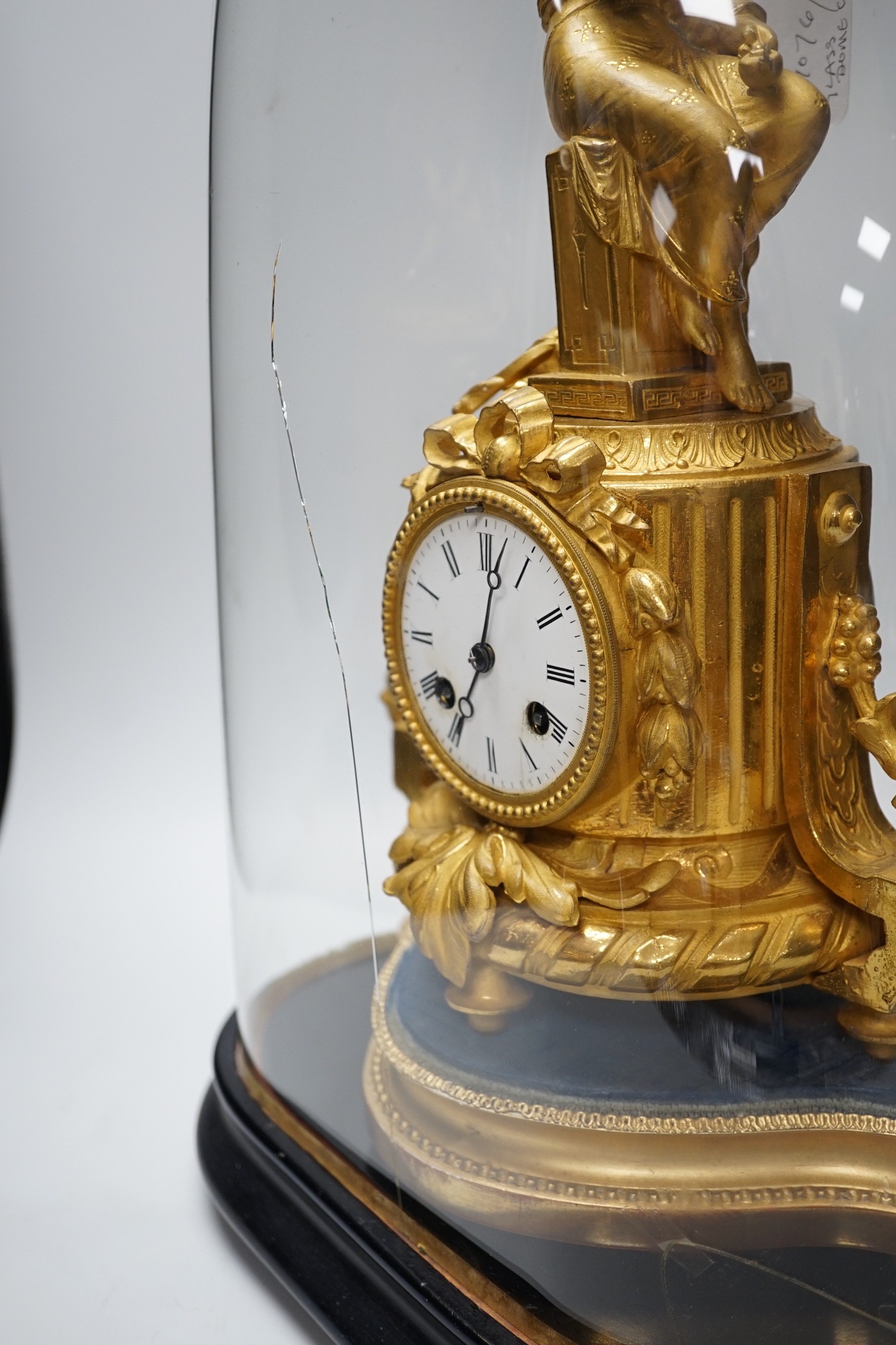 A French 19th century gilt metal clock by Phillipe H. Mourey on stand with glass dome, total - Image 6 of 9