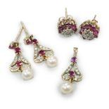 A modern 9ct gold, ruby, diamond and cultured pearl set drop pendant, 22mm and a pair of matching