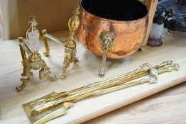 A set of three Victorian brass fire irons, a pair of fire dogs and a copper log bin