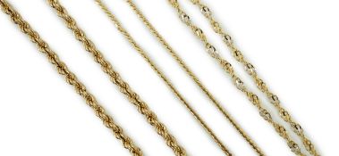 Four assorted modern 9ct gold chains, including rope twist, 39cm, 12.7 grams.