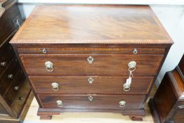 A George III and later banded mahogany chest of three drawers with brushing slide, width 85cm, depth