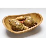 An Applewood bowl containing carved wooden fruit and vegetables, bowl 38cms wide