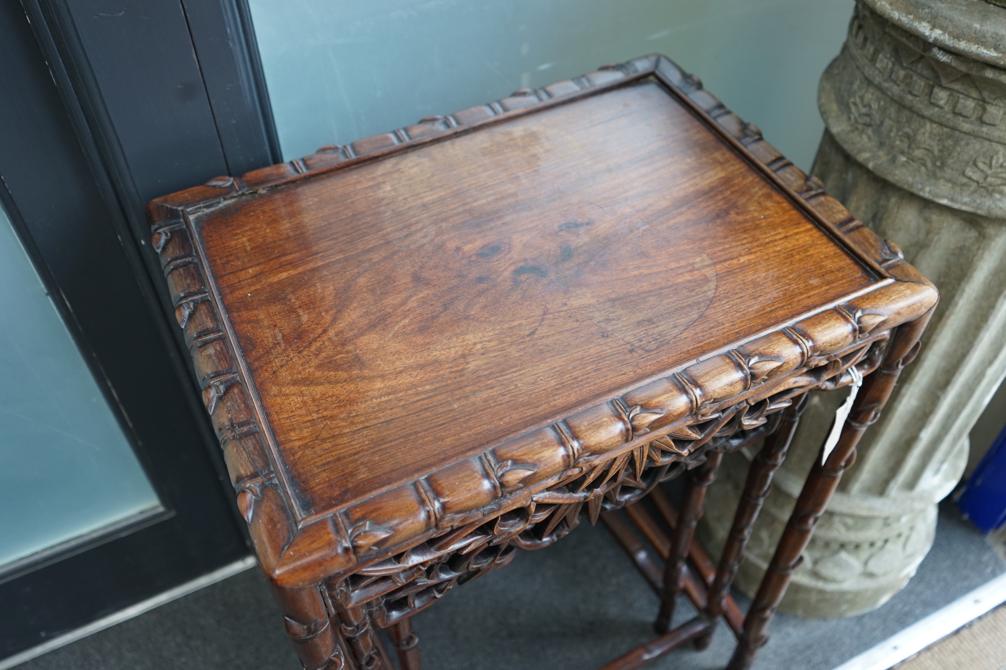 A nest of three Chinese hongmu rectangular tea tables, early 20th century, width 52cm, depth 39cm, - Image 2 of 3