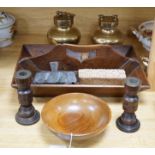 A wooden cutlery box, 42cm wide, together with carved patterned printing blocks, and other