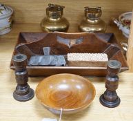 A wooden cutlery box, 42cm wide, together with carved patterned printing blocks, and other