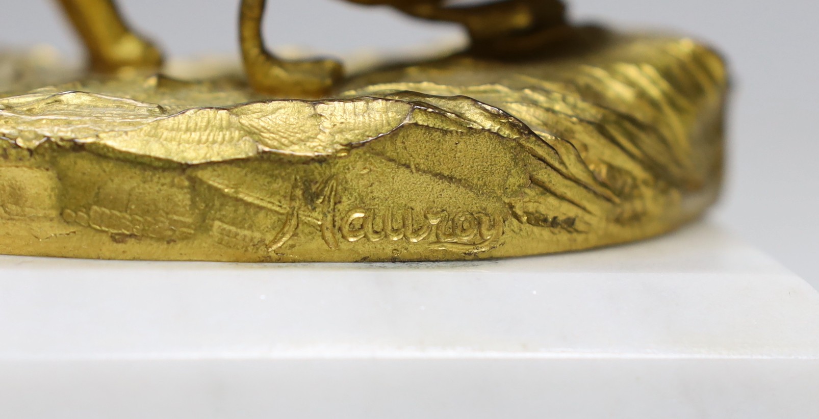 A gilt-bronze model dog and duck signed Mauroy, on marble base, 13.5cm long - Image 3 of 3