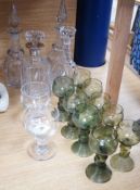 A pair of rummers, three glass decanters, a silver mounted decanter and nine etched green glass