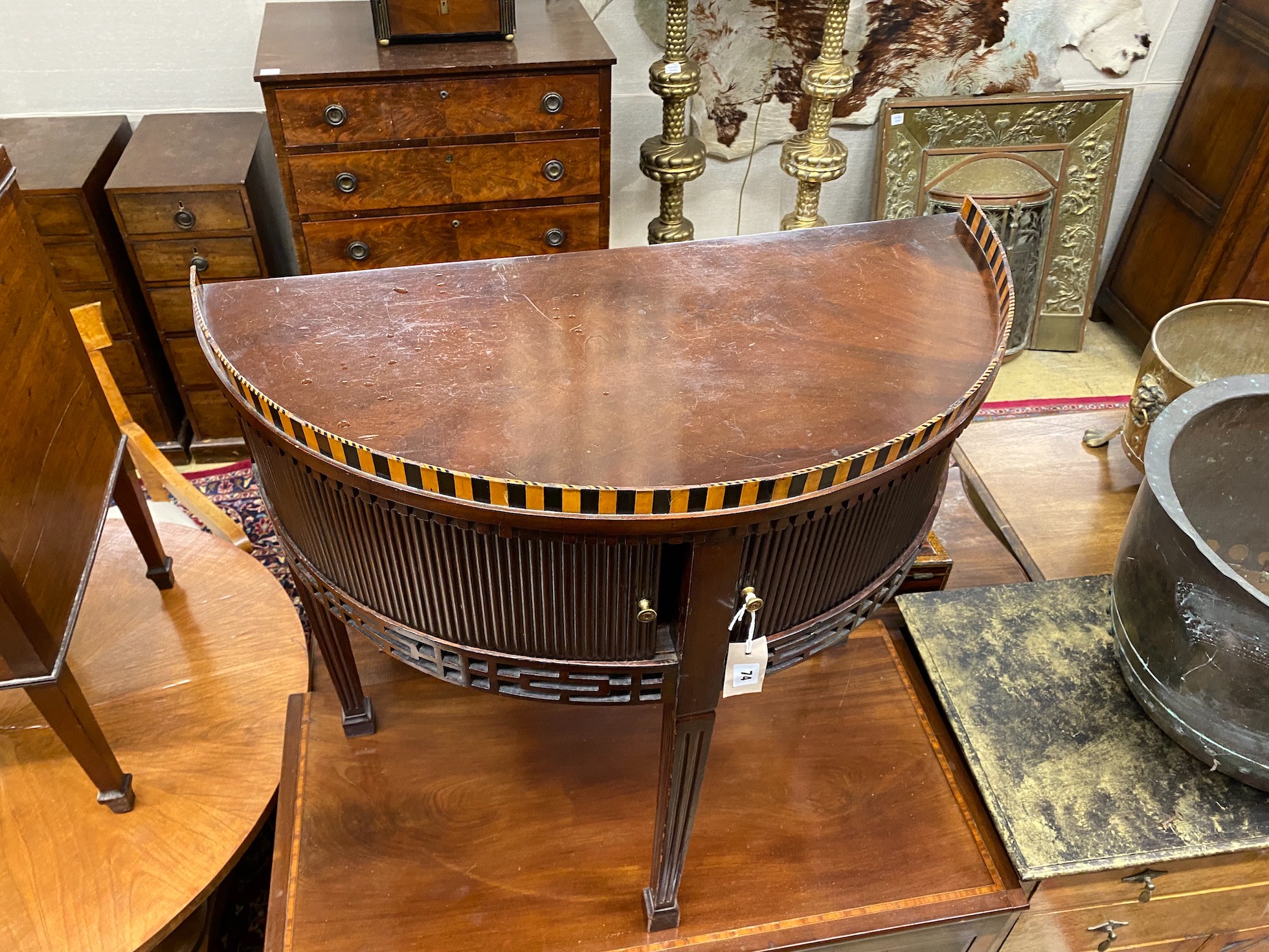 A George III mahogany D shaped tambour side cabinet, width 76cm, depth 38cm, height 75cm - Image 2 of 2