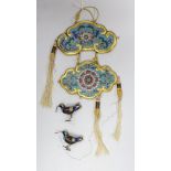 A Chinese gilt bronze and cloisonné enamel pendant, late Qing and a pair of similar birds