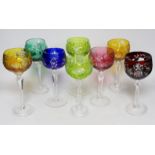 Eight coloured hock glasses