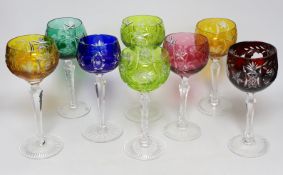 Eight coloured hock glasses