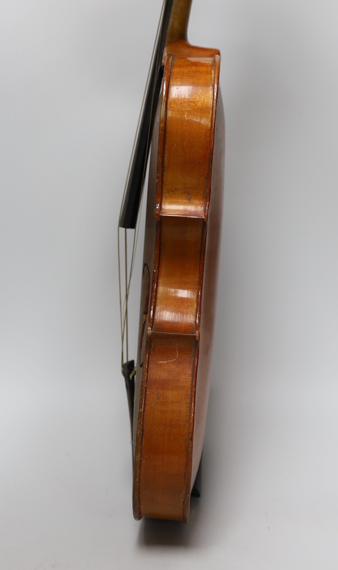An early 20th century Stainer violin, patent number 23140, back measures 36.5cm excl button. cased. - Image 6 of 7