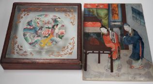 A Chinese reverse glass painting and a box cover with reverse painted glass panel