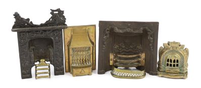 Two Victorian cast iron fire grate models, and two cast brass fire grate models, largest 8in.
