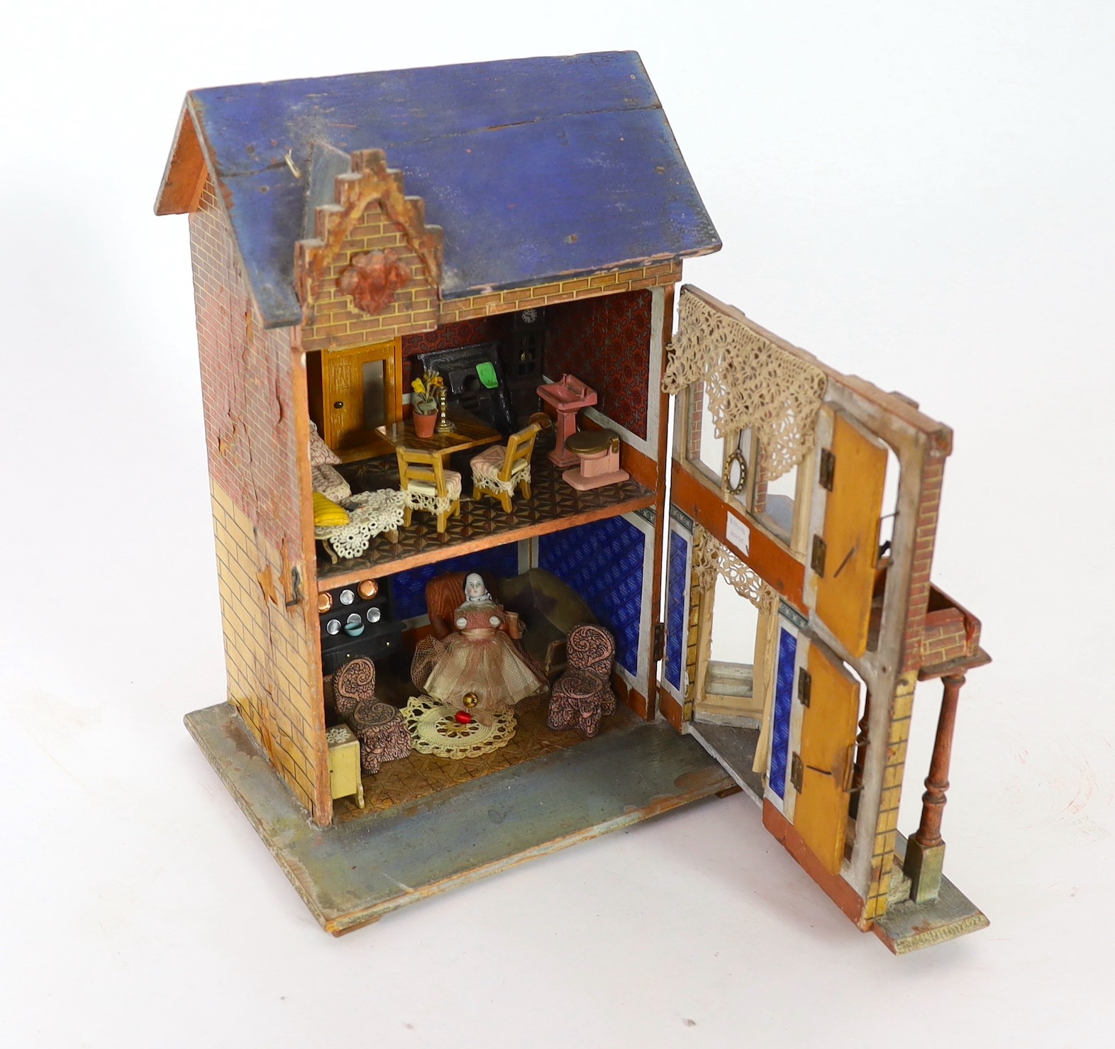 A Moritz Gottschalk 'Blue Roof’ furnished dolls’ house, circa 1880-85, single fronted with a bay - Image 3 of 6