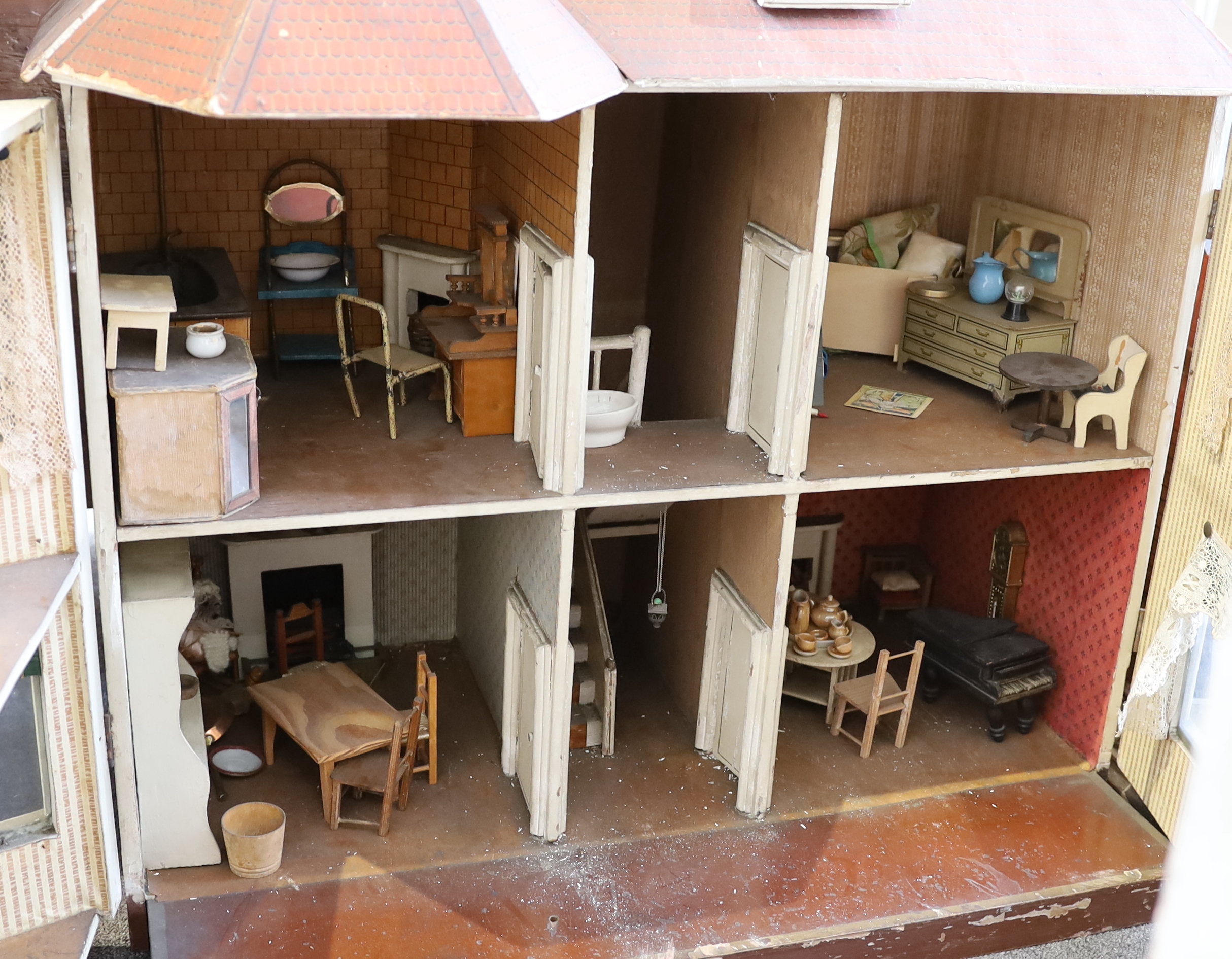A G. and J. Lines furnished dolls’ house of 'Kits Koty' type, early 20th century, modelled as a - Image 3 of 8