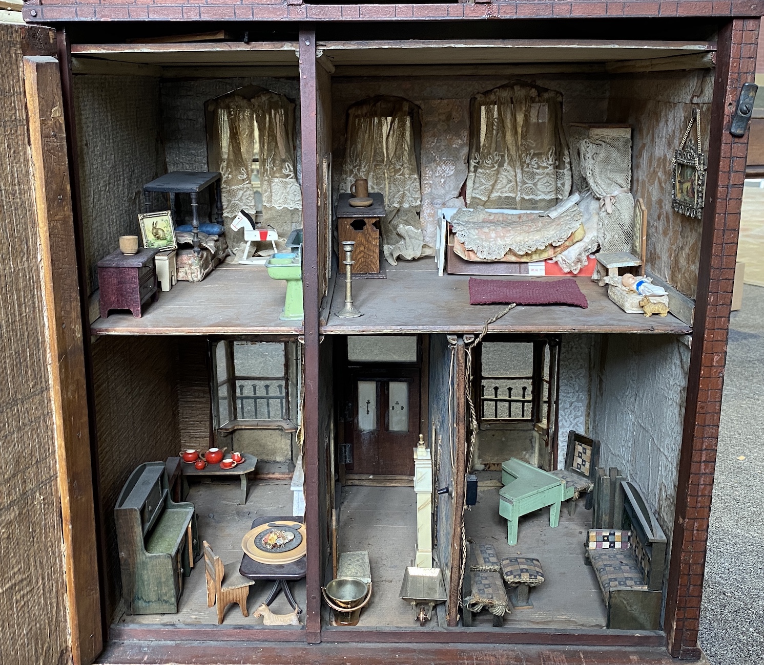 A back-opening furnished English dolls’ house, late 19th century, modelled as a double-fronted - Image 3 of 9