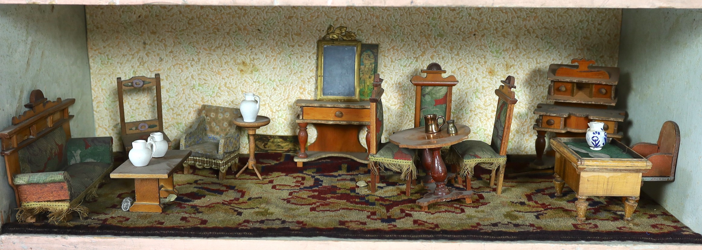 A Victorian furnished dolls’ house, circa 1890, of three floors, the brick facade with an attractive - Image 8 of 10