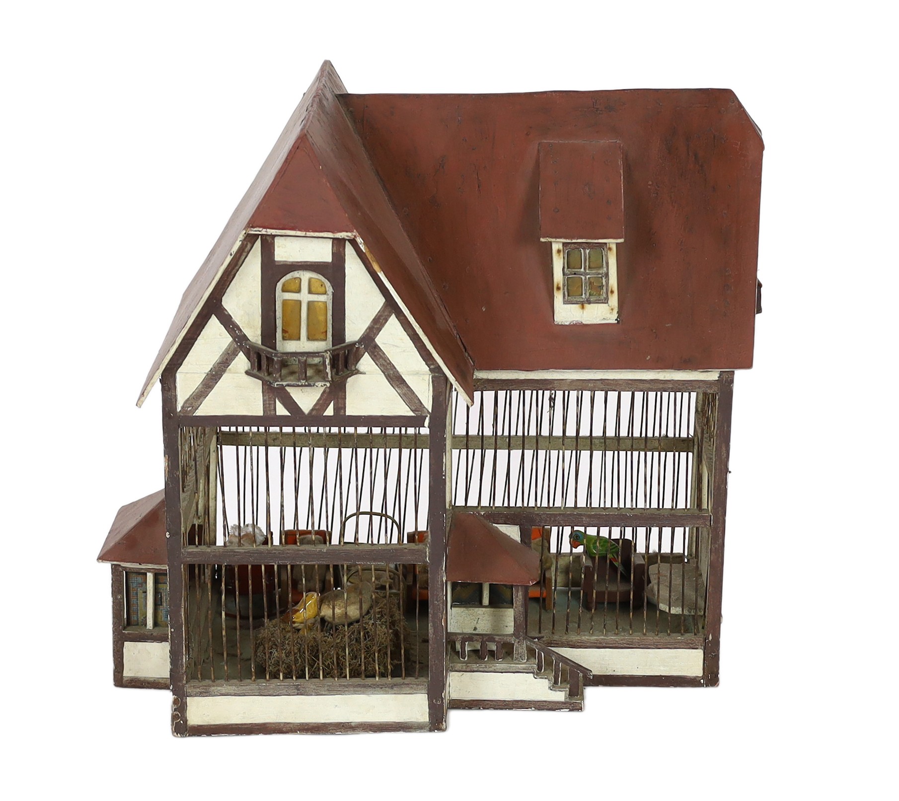 A German ‘birdcage’ dolls’ house, late 19th century, modelled as half-timbered house with red roof - Image 2 of 6
