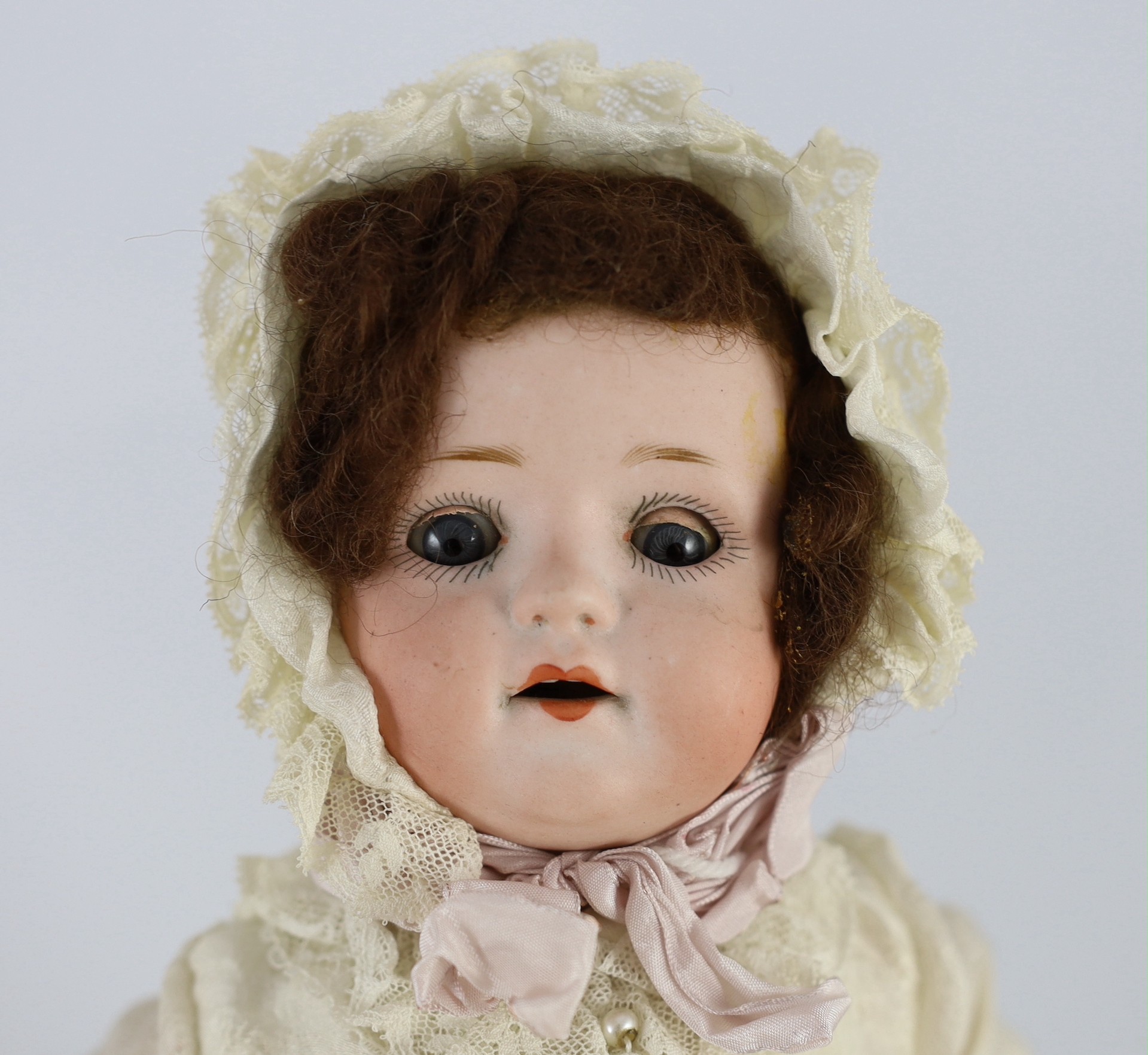 A Max Oscar Arnold Welsch bisque doll, German, circa 1920, impressed 150 0, with open mouth and - Image 4 of 4