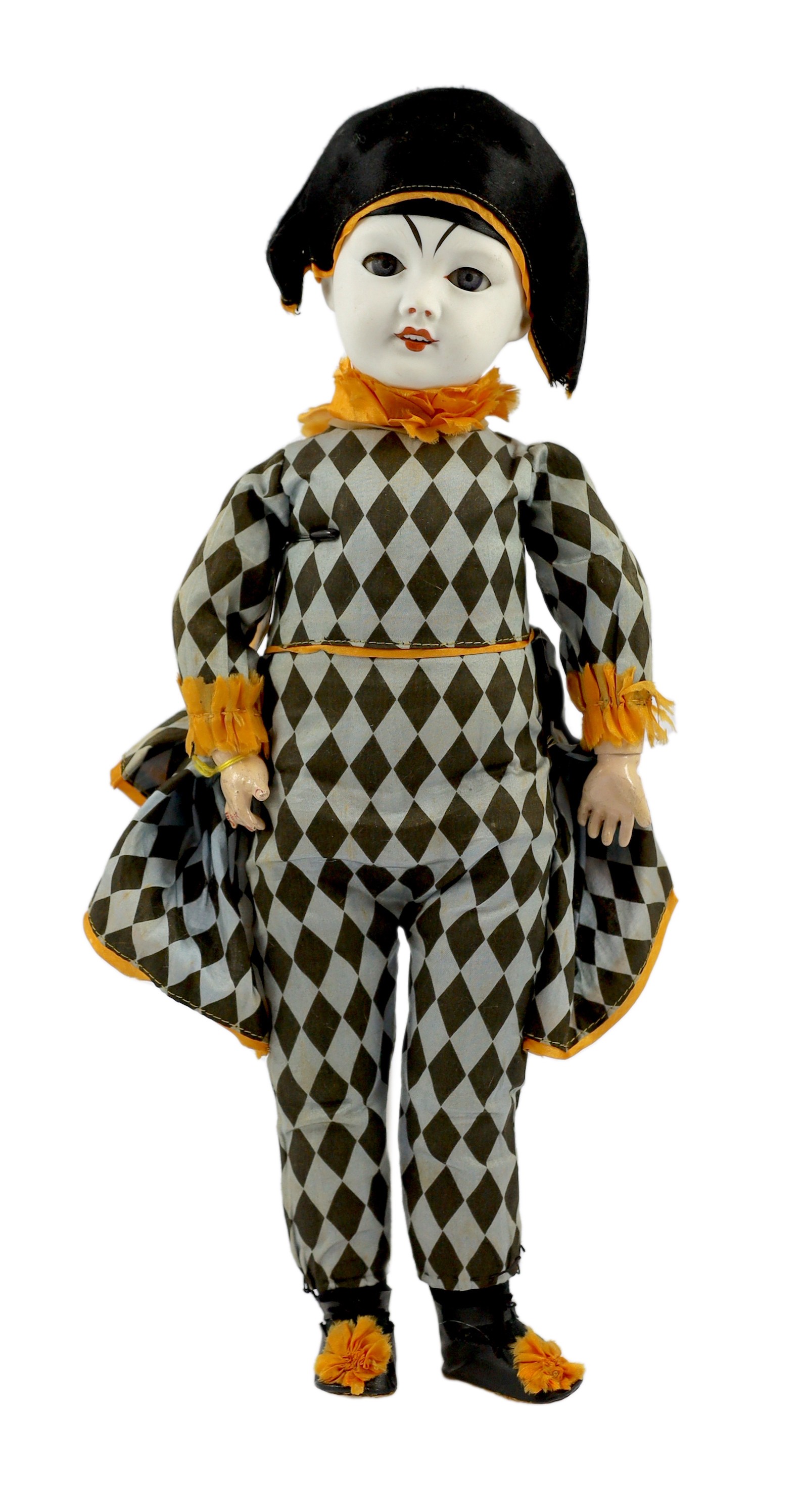 An SFBJ Harlequin clown, French, circa 1925, impressed 301 5, the white bisque head with open